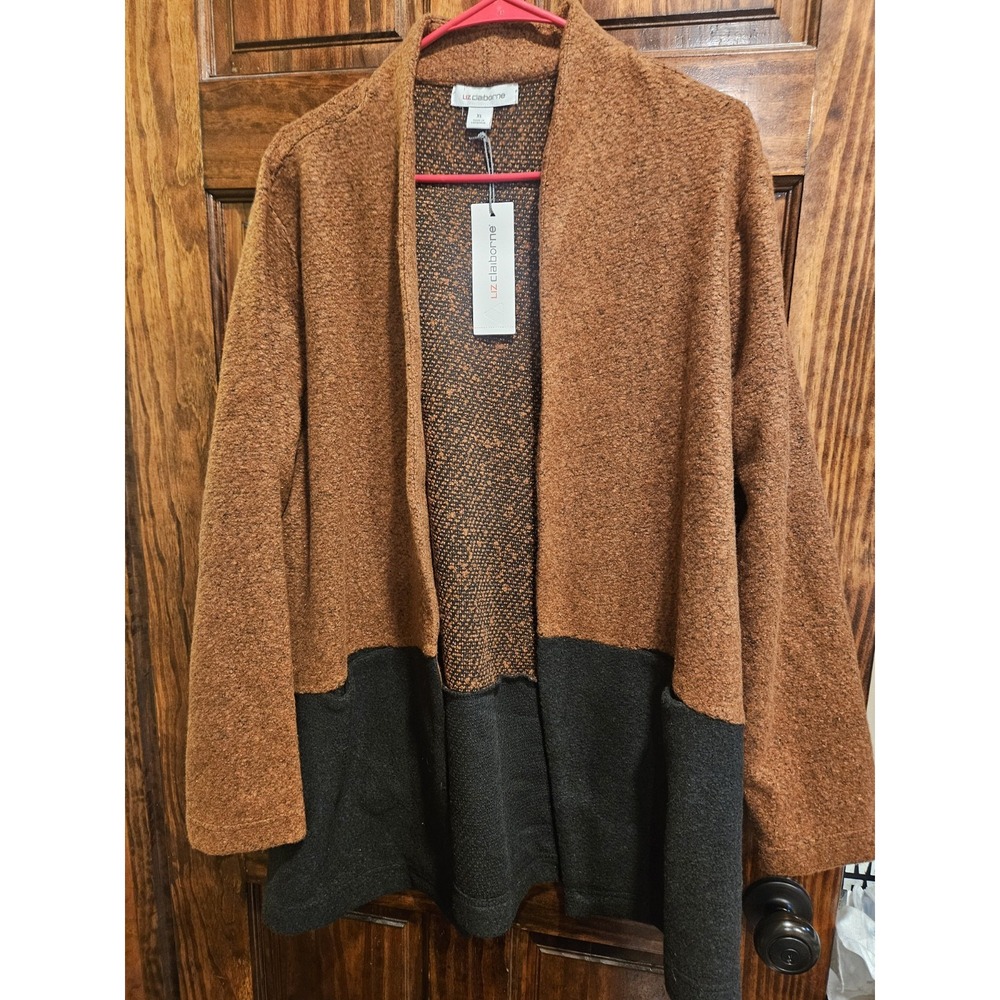 Liz Claiborne Rust Black Color Block Open Front Cardigan Pockets XL NWT